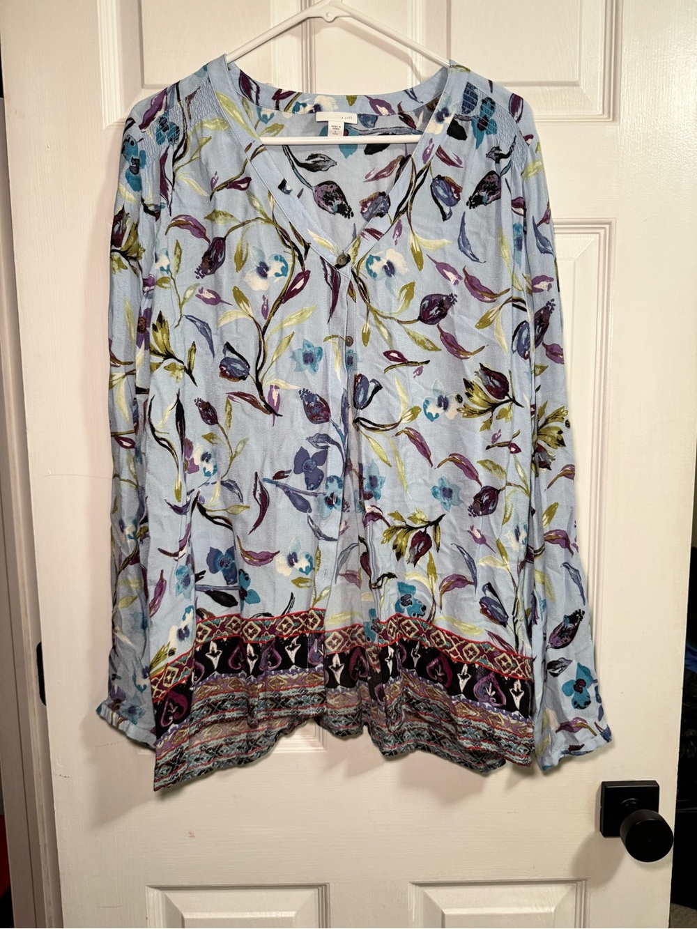J.Jill L Tall Floral Border Print Blouse Blue Boho Rayon Long Sleeve Tunic